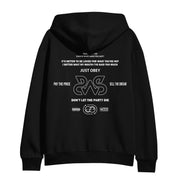 Black hoodie from Sleeping With Sirens with white text and graphics on the back, displaying motivational phrases like "It's better to be loved for what you're not" and "Just Obey," plus stylized symbols and a barcode. A standout among printed pullovers.