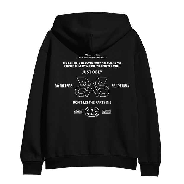 Black hoodie from Sleeping With Sirens with white text and graphics on the back, displaying motivational phrases like "It's better to be loved for what you're not" and "Just Obey," plus stylized symbols and a barcode. A standout among printed pullovers.