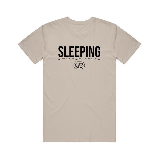 A beige Sleeping With Sirens T-shirt features large black "SLEEPING" above smaller "WITH SIRENS" text and a small pig face graphic—perfect for fans seeking unique band merch.