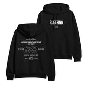 Two black printed pullovers from Sleeping With Sirens are shown. The front displays SLEEPING in bold white text; the back features various white slogans, graphics, and small text, including JUST OBEY and PAY THE PRICE.