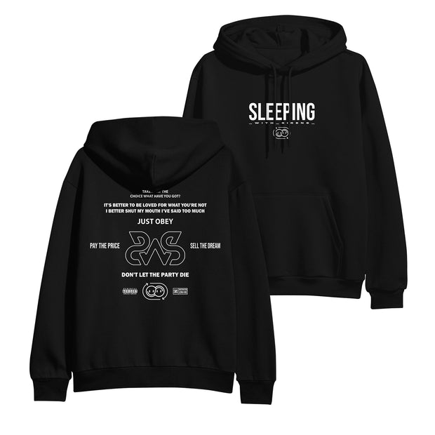 Two black printed pullovers from Sleeping With Sirens are shown. The front displays SLEEPING in bold white text; the back features various white slogans, graphics, and small text, including JUST OBEY and PAY THE PRICE.