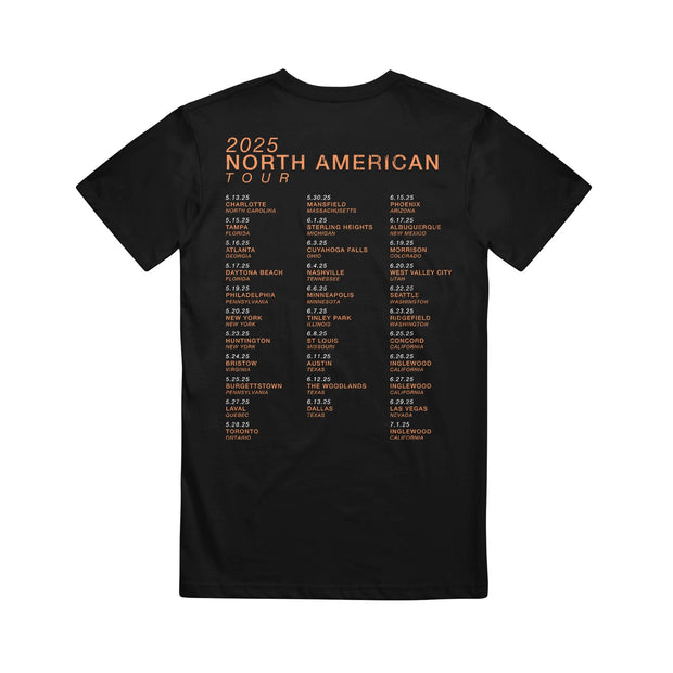 Sleeping With Sirens black T-Shirt featuring bold orange Photo Tour 2025 on the back, plus cities and dates for all North American tour stops—a must-have for fans this tour season.