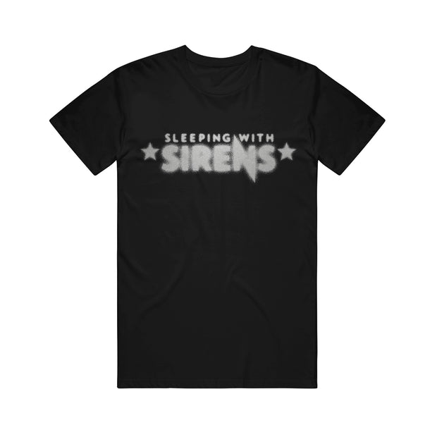Sleeping With Sirens Black Logo T-Shirt with bold, white, blurred logo text and two white stars on each side.