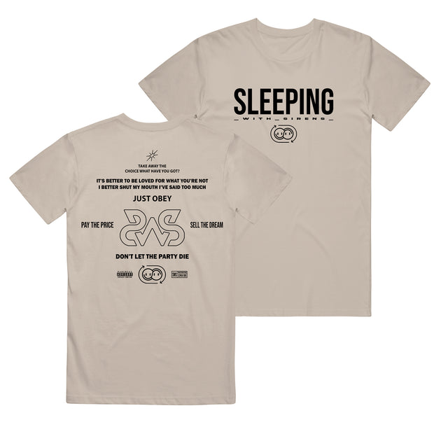 A beige Sleeping With Sirens T-shirt with the band’s name in black on the front and bold black graphics, lyrics, and phrases artfully arranged on the back—ideal for fans of standout printed tees.