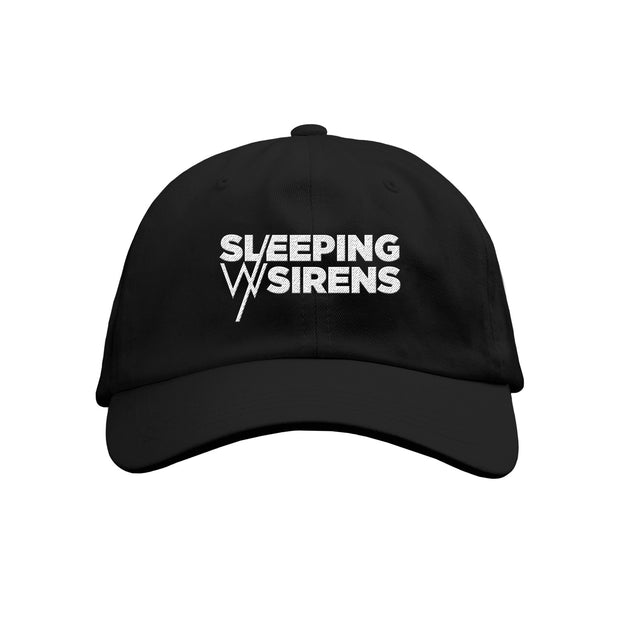 A black dad hat from Sleeping With Sirens with the band's name boldly embroidered in white on the front.