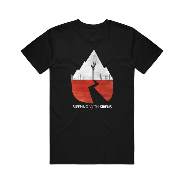 Black American Apparel T-shirt with a white mountain, barren tree, red landscape, and cracked black path. "SLEEPING WITH SIRENS" appears below the graphic—a bold printed tee for fans of the Sleeping With Sirens brand.