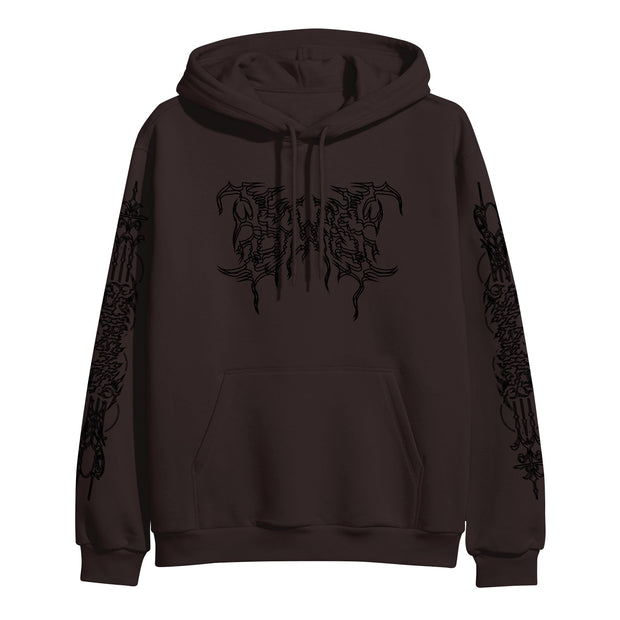 A black Sleeping With Sirens hoodie with intricate abstract designs on the chest and sleeves, inspired by custom t-shirt art, featuring a front pocket and drawstring hood.