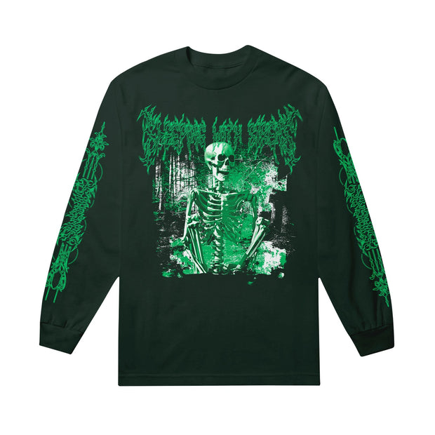 Dark green Sleeping With Sirens Gildan long sleeve shirt featuring a green skeletal figure on the front, abstract grunge designs, and intricate green graphic patterns along both sleeves.