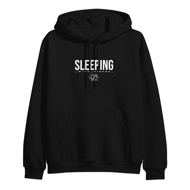 A black Sleeping With Sirens midweight pullover hoodie with front pocket, featuring "SLEEPING" in bold white letters above closed-eye graphics and "WITH SIRENS" printed underneath.