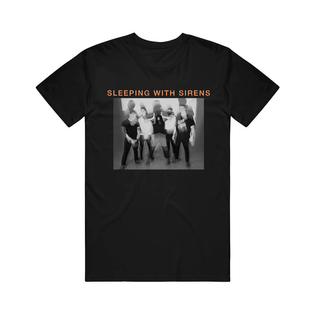 Sleeping With Sirens Black T-Shirt with orange band text above a black-and-white photo of five people—ideal for the Photo Tour 2025.