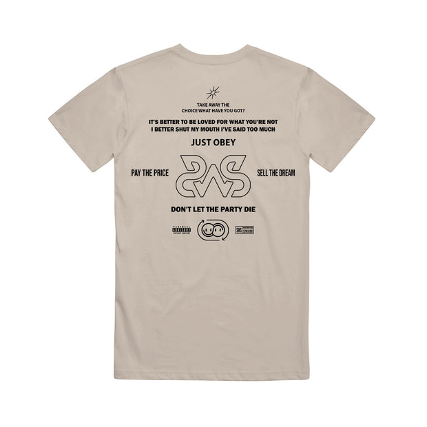 Beige Sleeping With Sirens t-shirt with bold black prints on the back, including “JUST OBEY” and “PAY THE PRICE.” A standout choice among printed tees for making a statement.