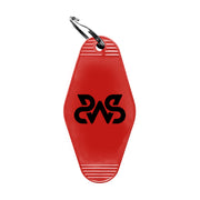 image of the front of a red diamond shaped key ring on a white background. keyring  has black letters of S W S. 