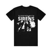image of the front of a black tee shirt on a white background. tee  has a body print in white of a threshold image of the band. above the picture says sleeping with sirens