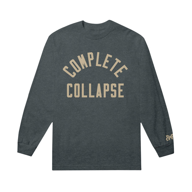 image of a dark heather grey long sleeve tee on a white background. tee has center chest print in tan that says complete collapse and small print on the bottom right sleeve of the letters S W S