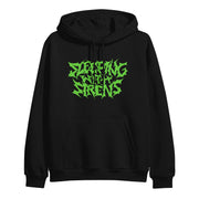 image of a black pullover hoodie on a white background. front of the hoodie has green print in metal font that says sleeping with sirens