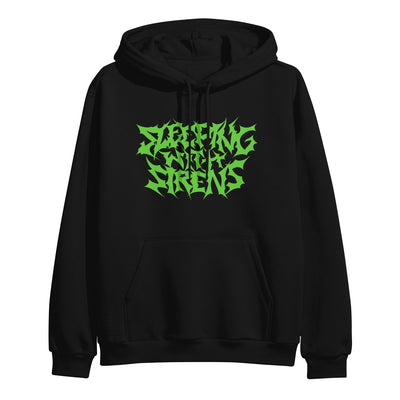 image of a black pullover hoodie on a white background. front of the hoodie has green print in metal font that says sleeping with sirens