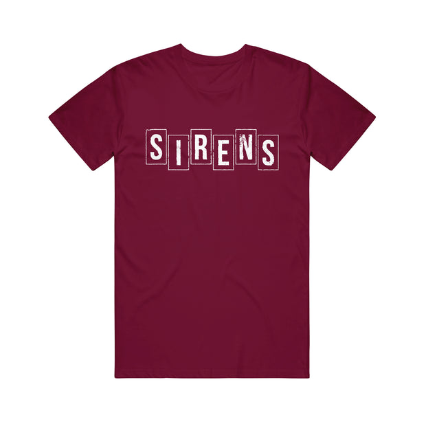 image of a maroon tee shirt on a white background. the front of the shirt has a center chest print in white that says sirens.