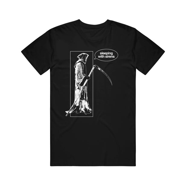 image of a black tee on a white background. tee has full body print in white of a grim reaper on the left with a quote bubble on the right that says sleeping with sirens inside