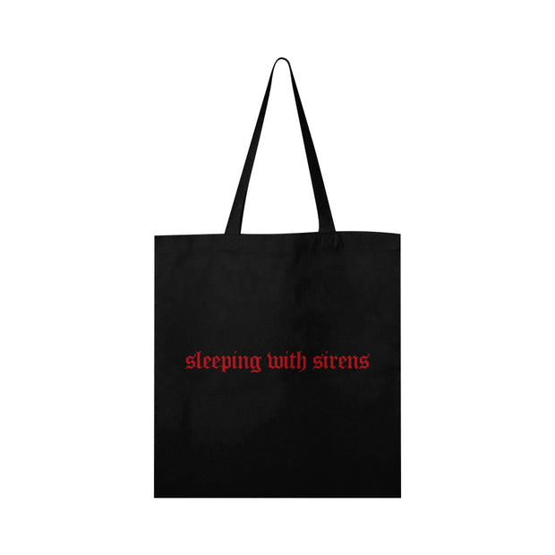 image of a black tote bag on a white background. tote has red print that says sleeping with sirens