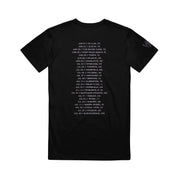 image of the back of a black tee shirt on a white background. tee has full print down of the 2019 disrupt tour for sleeping with sirens tour dates.