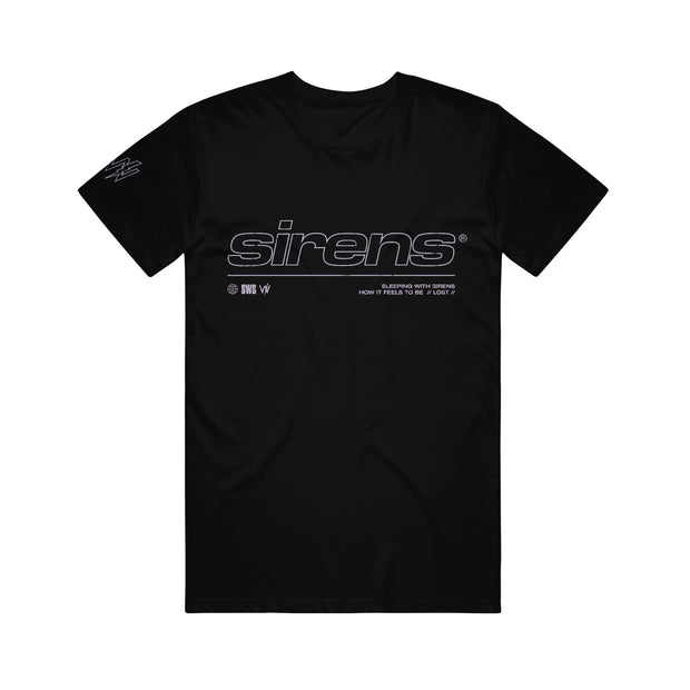 image of the front of a black tee shirt on a white background. tee has full print across the chest that says sirens and a small sleeve print that says SWS,