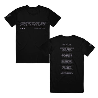 image of the front and back of a black tee on a white background. front of the tee is on the left and has full print across the chest that says sirens and a small sleeve print that says SWS, back of the tee is on the right and has full print down of the 2019 disrupt tour for sleeping with sirens tour dates.