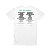image of the back of a white tee shirt on a white background. tee has back print of the fall 2023 tour locations