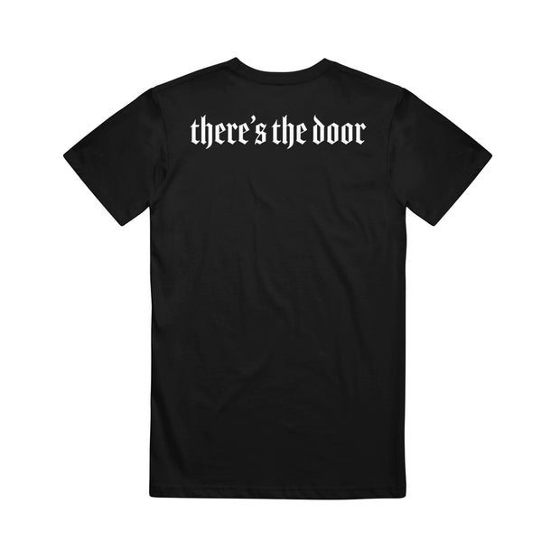 image of the back of a black tee shirt on a white background. back of the tee has a white print at the top across the shoulders that says there's the door