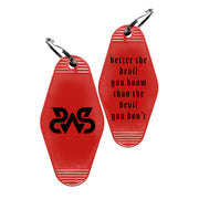 image of the front and back of a red diamond shaped keyring. front is on the left and has black letters of S W S. the back is on the right and in black says better the devil you know than the devil you don't.