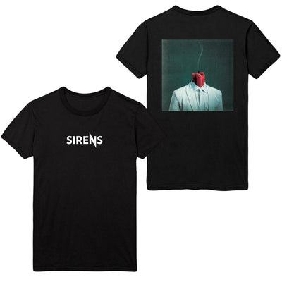 front and back image of a black tee shirt on a white background. front of the tee is on the left and has a small print across the chest, in white that says sirens. the back of the tee is on the right and has an image of a blown out candle has the head of a person wearing a suit and tie.