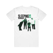 image of the front of a white tee shirt on a white background. tee has center chest print that says sleeping w/ sirens above a blurry photo of the four band members