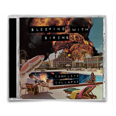 image of the sleeping with sirens cd complete collapse. album art is of a man and a woman by a pool at a motel that is on fire
